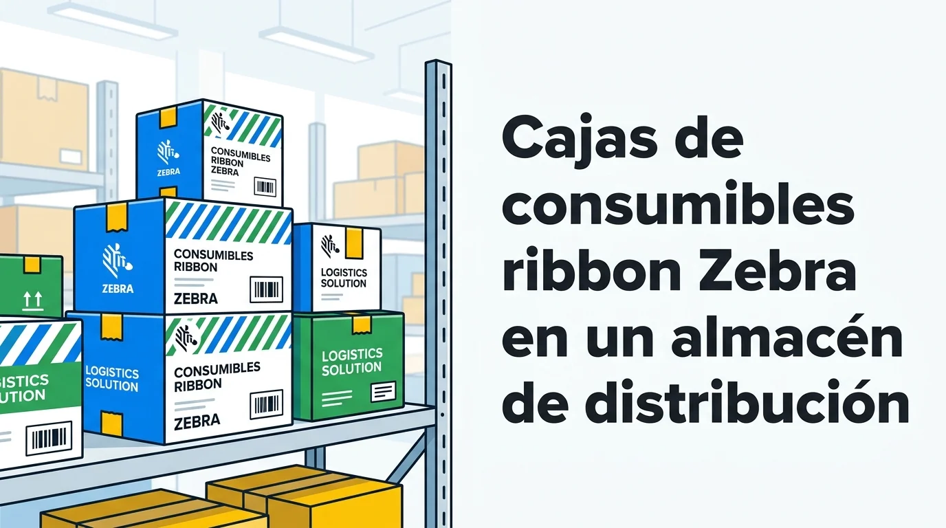 Cajas de consumibles ribbon Zebra en un almacén de distribución