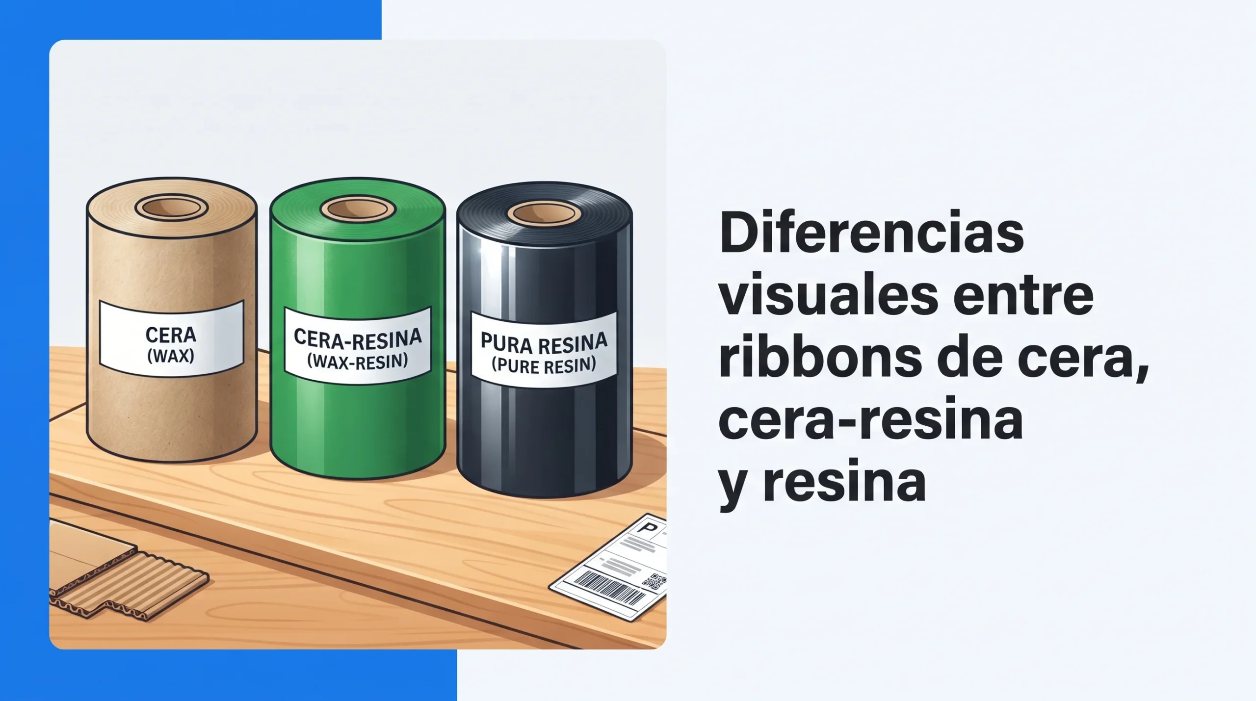 Diferencias visuales entre ribbons de cera, cera-resina y resina